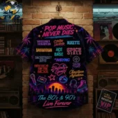 80s & 90s Music Legends Neon Hawaiian Shirt 2 Short-sleeve shirt with neon 90s pop music artist names and cityscape design