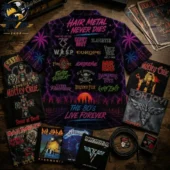 80s Hair Metal Neon Rock & Roll Vintage Hawaiian Shirt 2 Vintage 80s hair metal band tribute shirt featuring band logos and neon sunset art