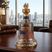 America The Beautiful Liberty Bell Collector Decanter Bottle 1 America The Beautiful decorative glass bell ornament with American flag and gold flame topper.