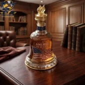 America The Beautiful Liberty Bell Collector Decanter Bottle 2 America The Beautiful bell-shaped glass decanter on a wooden desk by Tvpcomebackshop