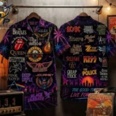 Vintage classic rock band logo pattern button-down shirt by Tvpcomebackshop