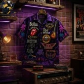 Classic Neon Rock Music Hawaiian Shirt 1 Classic rock band logo patterned button-up shirt