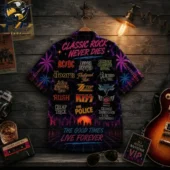 Classic Neon Rock Music Hawaiian Shirt 2 Classic rock music themed button-down shirt with band logos