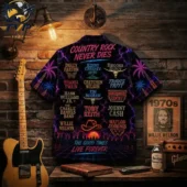 Country Rock Guitar Hawaiian Shirt 2 Country music icon button-down shirt with artist names and neon sunset aesthetic.