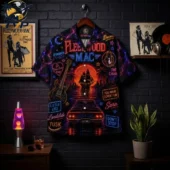 Fleetwood Mac Neon Sunset Hawaiian Shirt 1 Fleetwood Mac themed short-sleeve button-up shirt with neon graphic design