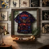 Fleetwood Mac Neon Sunset Hawaiian Shirt 2 Fleetwood Mac neon-themed graphic short sleeve shirt