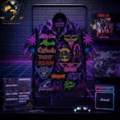 Glam Rock Neon Hawaiian Shirt 1 Glam metal band logo button-down shirt by Tvpcomebackshop
