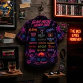 Glam Rock Neon Hawaiian Shirt 2 Glam metal 80s tribute button-down shirt with band logos