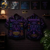 Queensryche band themed button-up shirt featuring dark purple neon aesthetics