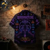 Queensryche band tribute button-up shirt with neon purple rock theme design from Tvpcomebackshop