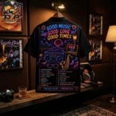 R&B Neon Soul Music Hawaiian Shirt 2 Black shirt featuring R&B music themed neon graphics and artist list.