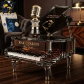 Ray Charles themed crystal grand piano decanter set with a gold microphone stopper from Tvpcomebackshop
