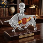 Crystal bull-shaped liquor decanter with Spanish national football team emblem on a wooden display base