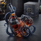 The Kraken Black Spiced Rum octopus-shaped bottle and gift box