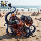The Kraken Black Spiced Rum 3D Sculpted Octopus Liqour Edition Bottle 1 The Kraken Black Spiced Rum octopus-shaped glass bottle on a sandy beach