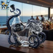 The Kraken Black Spiced Rum 3D Sculpted Octopus Liqour Edition Bottle 2 Unique Kraken Black Spiced Rum glass bottle shaped like an octopus on a bar counter