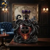 Special edition The Kraken Black Spiced Rum bottle with octopus sculpture and crown
