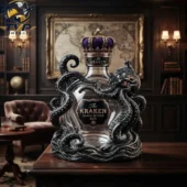 The Kraken Rum Edition 3D Octopus Crown Royal Bottle 2026 1 The Kraken Black Spiced Rum limited edition octopus bottle on a wooden desk