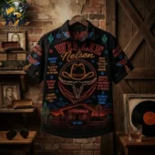 Willie Nelson neon graphic print short sleeve button-down shirt