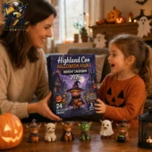 Mother and daughter holding the Highland Coo Halloween Haunt 2026 advent calendar from Tvpcomebackshop