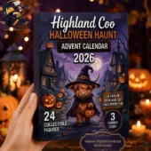 Hand holding a 2026 Highland Coo Halloween Haunt Advent Calendar