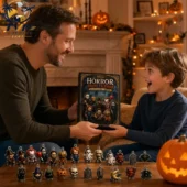 2026 Horror Movie Advent Calendar 1 Father and son opening a 2026 Horror Advent Calendar filled with spooky character figurines.