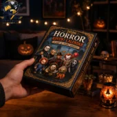 2026 Horror Movie Advent Calendar 2 Hand holding a 2026 Horror Advent Calendar featuring iconic slasher movie characters.