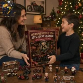 2026 Indian Motorcycle 125th Anniversary Advent Calendar 2 Mother and son opening an Indian Motorcycle 125th Anniversary 2026 advent calendar from Tvpcomebackshop