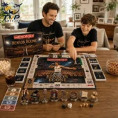 2026 Monopoly Collector's Edition - Benson Boone Board Game 3 Father and son playing the Benson Boone Monopoly Collector Edition board game at home