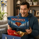 Man holding a Superman Collector Edition Monopoly game board from Tvpcomebackshop