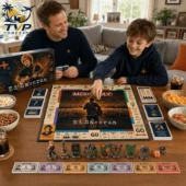 2026 Monopoly Ed Sheeran Shape of You Collector Edition Board Game 3 Father and son playing the Ed Sheeran Collector Edition Monopoly board game.