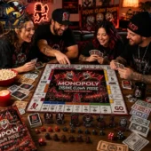 A group of friends playing the Insane Clown Posse collector edition board game at a table with themed money and game pieces.