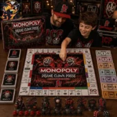 2026 Monopoly Insane Clown Posse Collector’s Edition Board Game 3 Father and son playing Insane Clown Posse Collector Edition Monopoly board game.