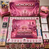 Nicki Minaj Collector Edition Monopoly board game set with pink thematic tokens and currency.