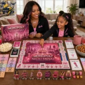 2026 Monopoly Nicki Minaj Collector Edition Board Game 1 A woman and a young girl playing the Nicki Minaj Collector Edition Monopoly board game at a table.