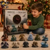 A young boy opening a House of the Dragon advent calendar with dragon figurines displayed on the floor
