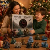 A woman and child excitedly opening a House of the Dragon 24-day dragon figure advent calendar by Tvpcomebackshop.