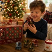 24 Days of Dragons Advent Calendar 3 A young boy smiling while holding a miniature Christmas dragon figurine in front of a dragon-themed advent calendar.
