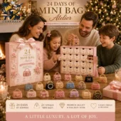 24 Days of Mini Bag Atelier™ Advent Calendar 2026 2 Family opening a 24-day advent calendar featuring miniature pearl-beaded handbags.