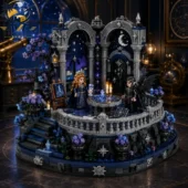 A Court of Thorns and Roses Night Court Celestial Balcony Garden Building Brick Set 2 Intricate fantasy building block diorama set featuring two elf figures on a moonlit balcony by Tvpcomebackshop