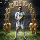A Father’s Legacy – Lionel Messi & Jorge Horacio Messi Limited Edition 3D Figure 3 Lionel Messi holding the World Cup trophy with a golden 10 arch background.