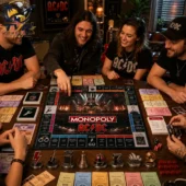 A group of friends playing the AC/DC Monopoly Collector's Edition board game at a wooden table.