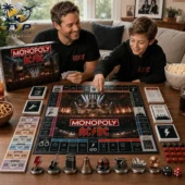ACDC Band Collector's Edition Monopoly Board Game 3 Father and son playing the AC/DC collector edition board game.