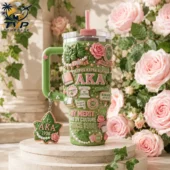 Alpha Kappa Alpha 1908 By Merit And By Culture Sorority Tumbler with Handle 2026 2 Alpha Kappa Alpha AKA sorority themed stainless steel tumbler with floral and ivy accents