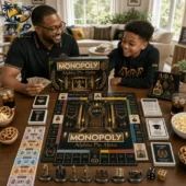Father and son playing the Alpha Phi Alpha collector edition Monopoly game at a table.