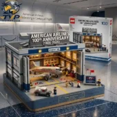 American Airlines 100th anniversary building block set displayed in a hangar model