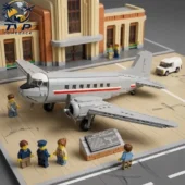 Brick-built Douglas DC-3 model displayed at a museum with minifigures by Tvpcomebackshop