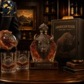 American Bison Frontier Legacy whiskey decanter set with engraved glasses from Tvpcomebackshop