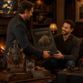 Man presenting an American Bison whiskey decanter gift set to another man