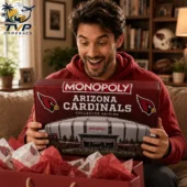 Arizona Cardinals Collector's Edition Monopoly Board Game 2 Man excitedly holding an Arizona Cardinals Monopoly Collector Edition board game
